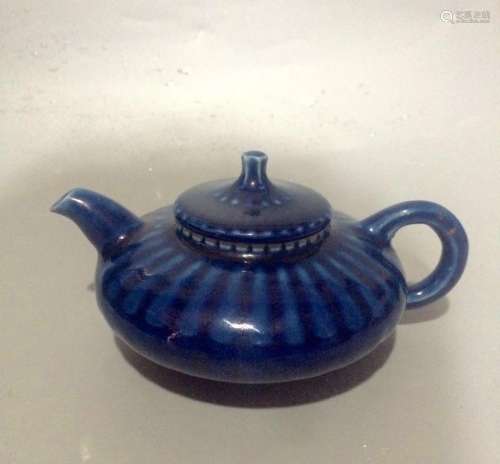 Chinese Monochrome Blue Porcelain Teapot, Marked