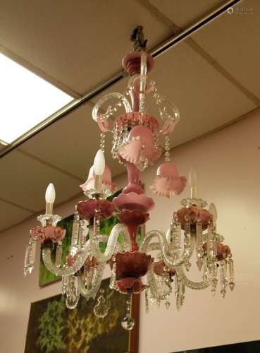 French Opaline Crystal 6 Lights Chandelier, 19th C