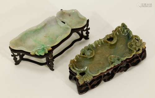 Pair of Rare Chinese Jadeite Brush Washers w/wood