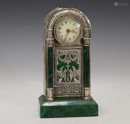 French Silver Malachite Clock