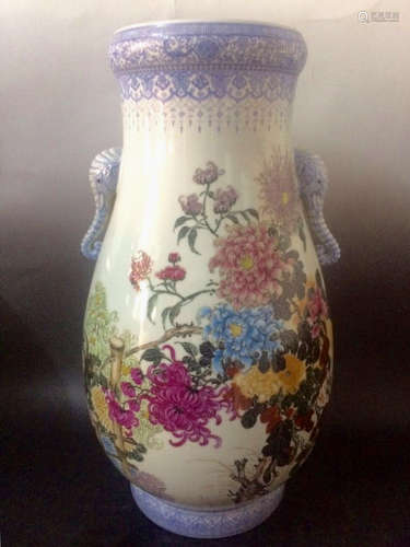 Chinese Famille Rose Floral Vase, Marked 