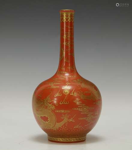 Chinese Monochrome Red Porcelain Vase w/Gilt Trace