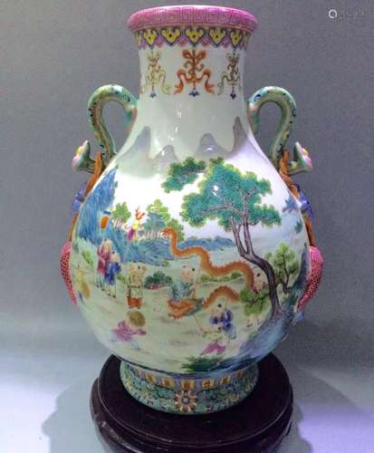 Chinese Famille Rose Porcelain Squat Vase, Marked