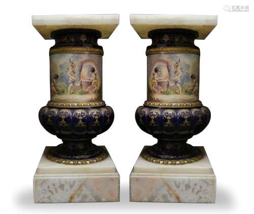 Pair of French Sevres 19th C. Pedestal,HandPainted
