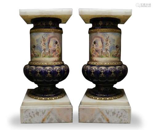 Pair of French Sevres 19th C. Pedestal,HandPainted