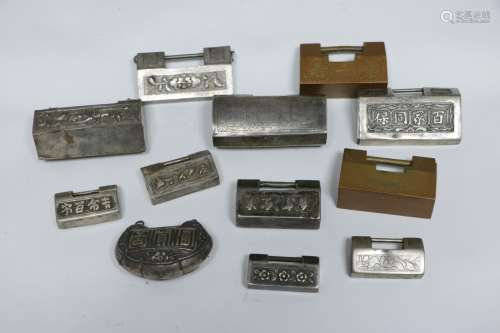 A Group of Chinese Sterling Silver & Bronze Lock