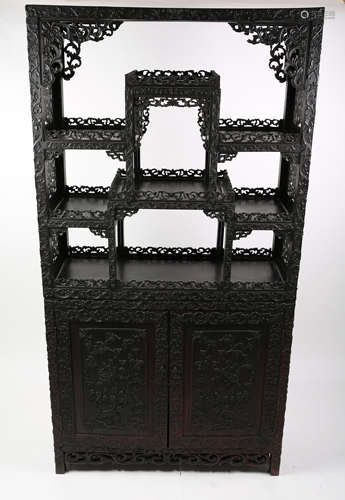 A Chinese Carved Blackwood Square Two Part Cabinet