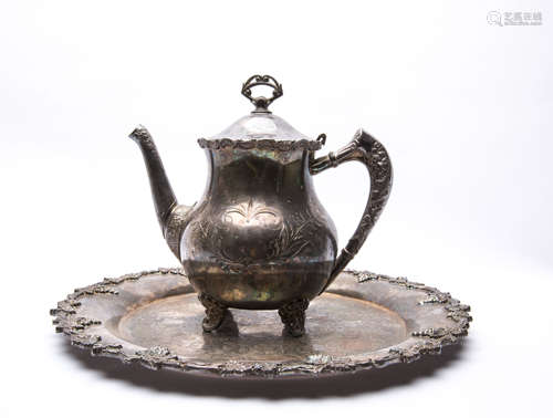 A Set of Chinese Silver Teapot and Dish