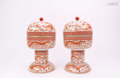 A Pair of Chinese Iron-Red Decorated Altar Vessel and Cover