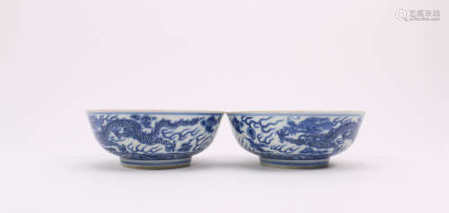 A Pair of Chinese Blue and White Porcelain Dragon Bowls