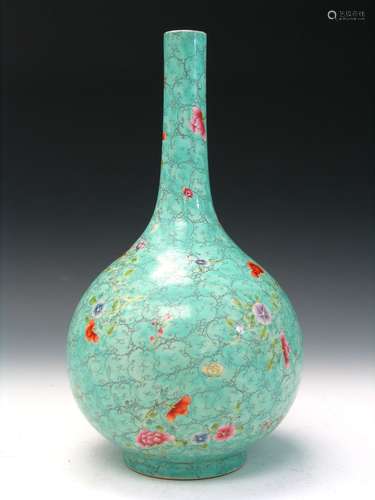 Chinese Turquoise Glazed Famille Rose Porcelain Vase, Qianlong Mark.