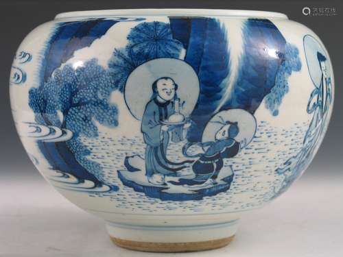 Chinese Blue and White Porcelain Jar, Kangxi Period.