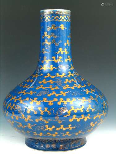 Chinese Imperial Gilted Powder Blue Porcelain Vase, Guangxu Mark.