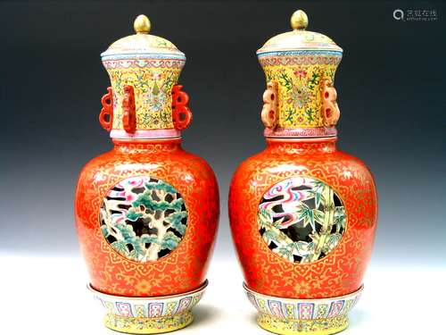 Pair of Chinese Famille Rose Porcelain Lantern Lamps, Iron Red Mark.