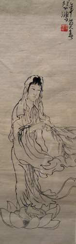Chinese Ink on Paper of Guanyin, Signed Xu Bei Hong.
