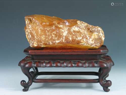 Very Rare Huge Natural Amber Boulder with Rose Wood Stand