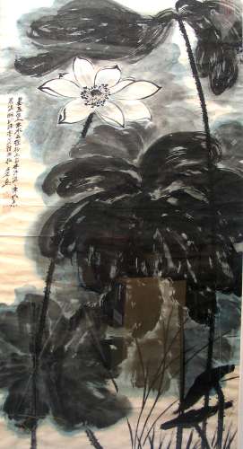 Chinese Ink and Water Color on Paper of Lotus, Signed Zhang Da Qian.