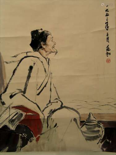 Chinese Painting Scroll on Paper of a Scholar.