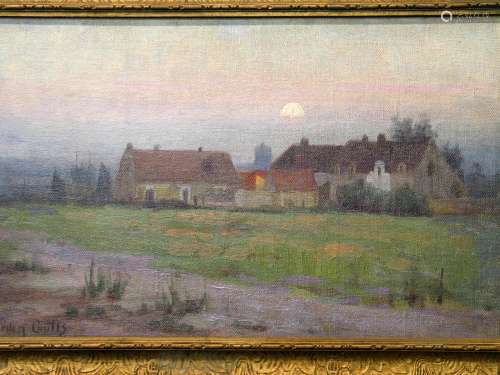 A Homestead by Moonlight, oil on Board, by Gordon Coutts (1868-1937), American Artist.