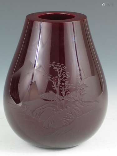 Chinese Burgundy Glass Vase with Imperial Qianlong Mark.