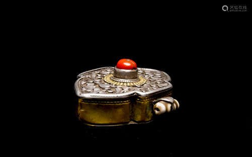 Tibetan Metal Box with Red Coral and Dzi Bead Inlaid.