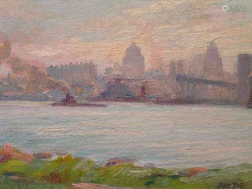 Tugboat on the River, Oil on Board, signed lower right, by Alan Bell (1900-1991), Canadian American Artist.