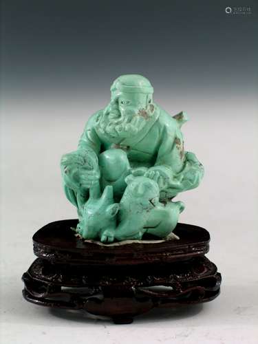 Chinese Carved Turquoise Figure with Stand