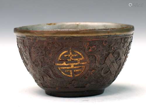 Antique Chinese Carved Coconut Bowl