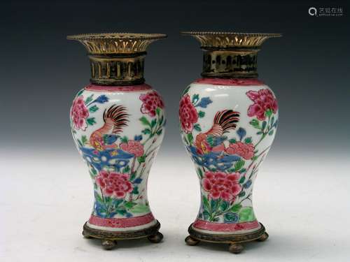 Pair of Chinese Silver Mounted Famille Rose Porcelain Vases, 18th Century