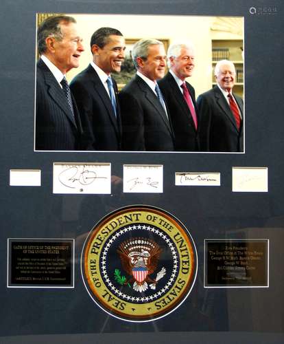 White House Photograph of the Five Recent United States Presidents. Large Seal of the President of the United States Patch, two descriptive plaques. Original autographs from book title pages they authored.