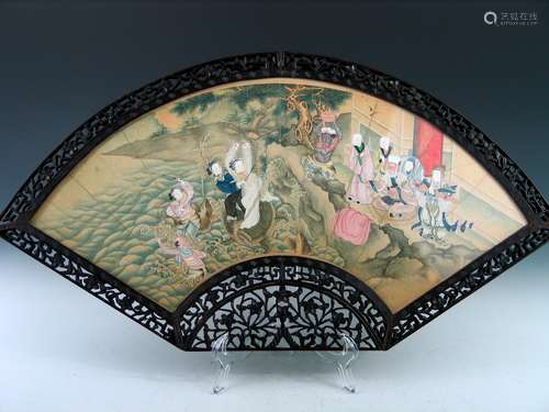 Chinese Painted Fan with Carved Hard Wood Frame, 19th Century.