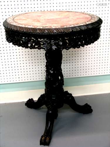 Chinese Hard Wood Table, Marble Top, Mother of Pearl Inlaid.