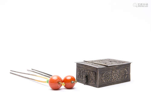 Chinese Metal Jewelry Box and 2 Coral Hairpins