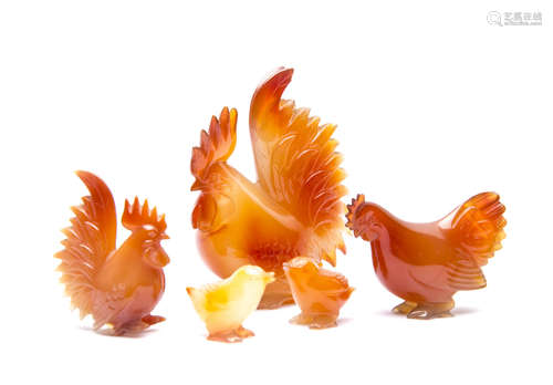 A Group of Chinese Agate Carvings of Chicken.