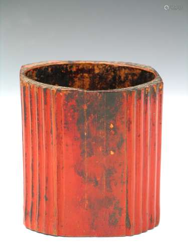 Red Lacquered Bamboo Brush Pot