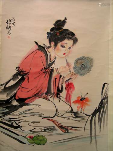 Chinese Painting Scroll of A Girl, Water Color Painting on Paper.