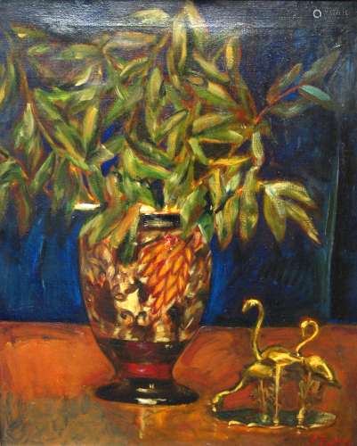 Still Life with Eucalyptus Leaves and Flamingos, Oil on Canvas, signed lower right and verso Nicolai Fechin Santa Fe New Mexico 1927 with old partial exhibition label, by Nicolai Ivanovich Fechin (1881-1955), Russian Artist.