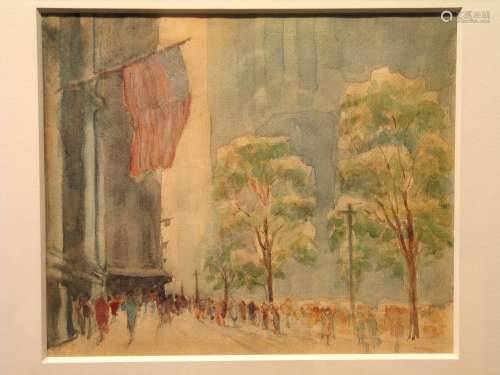 Fifth Avenue with Flags New York City, Water Color, by Henry Michael O'Conner.