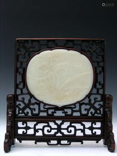 Chinese Hard Wood Table Screen with White Jade Inlaid.