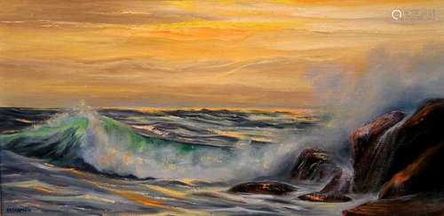 Surf Ocean Scene, Oil Painting on Board, by Audrey Scharmen.