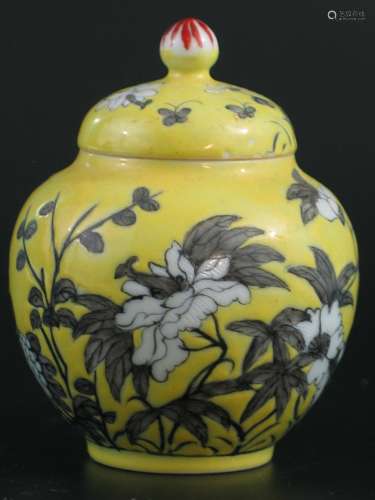 Chinese Yellow Glazed Porcelain Jar with Lid, Grisaille Flower Decoration, Jiaqing Mark and of the Period.