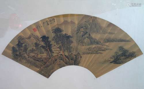 Chinese Ink Painting on Fan Paper, Framed.