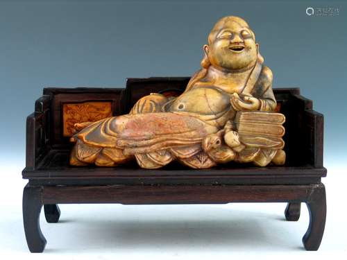 Chinese Soapstone Carving of a Laughing Buddha on Hard Wood Stand.