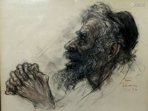 Old Man Praying, Pencil Painting on Paper, Signed by Freda L. Reiter 1973.