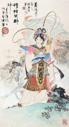 华三川 己未（1979年）作 穆桂英挂帅 立轴 设色纸本