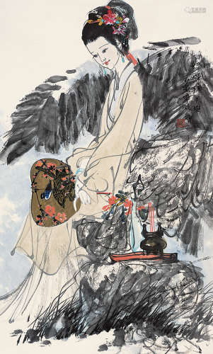 林墉 丙寅（1986年）作 貂蝉拜月图 镜片 设色纸本