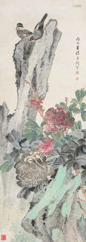 陈东湖 丙戌（1946年）作 花鸟 立轴 设色纸本