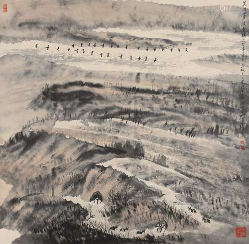 张彦 己卯（1999年）作 黄河两岸渡春秋 镜框 设色纸本