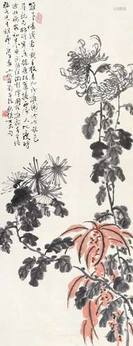 黎工佽 庚午（1930年）作 菊花 立轴 设色纸本