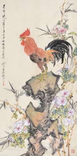 黄独峰 庚寅（1950年）作 雄鸡与牵牛花 立轴 设色纸本